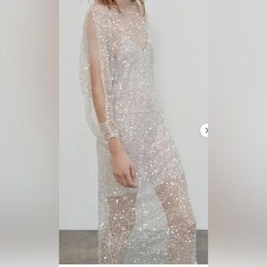 ZARA NEW WOMAN LONG SEQUINED DRESS SEMI SHEER Size L 5919/817